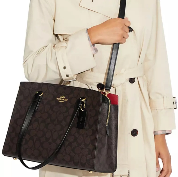 COACH C4075 TATUM CARRYALL TOTE BROWN SIGNATURE WITH BLACK LEATHER NEW WITH TAGS - Picture 12 of 12